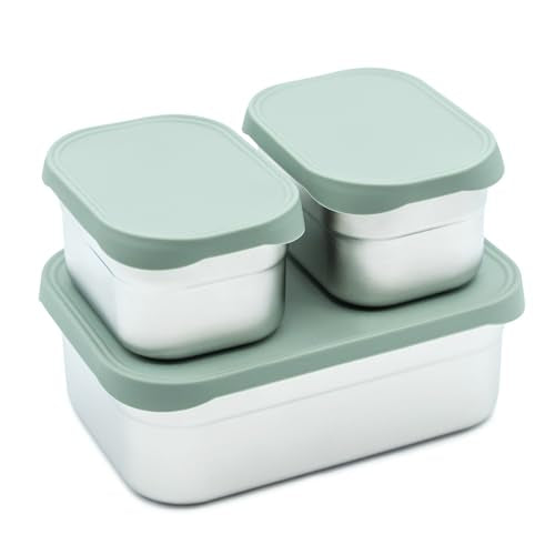 WeeSprout Stainless Steel Lunch Box Set - 750mL & 230mL Food Storage Nested Bento Boxes with Food Grade Silicone Lid - Leak Proof - Freezer Safe (Matte Green) - color: Matte Green