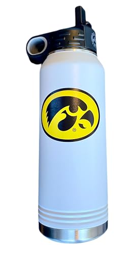 Game Day Outfitters University of Iowa 32oz Stainless Steel Double Walled White Beverage Bottle with Flip Straw Spout - College Gear for Playoff Season – Show your Hawkeye Pride - style: Iowa / White