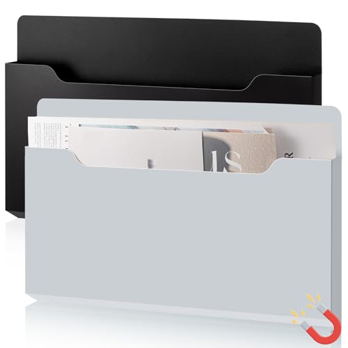 Feifeiya 2 Pcs Magnetic File Folder Wall Hanging Holder Large Pocket Paper Magazine Mail Organizer for Refrigerator Classroom Locker Whiteboard(Horizontal,Black Grey,13.8 x 8.3 Inches) - color: Black Grey, size: 13.8 x 8.3 Inches, style: Horizontal
