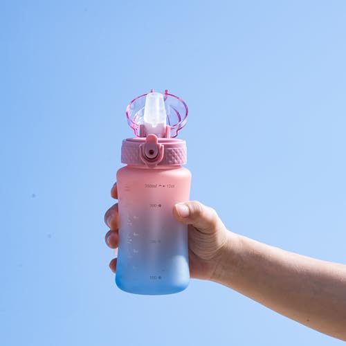 OLDLEY Kids Water Bottle for School, 12 oz (2 lids) BPA-Free Reusable Leak-proof Durable Tritan Plastic Bottles with Straw & Chug Lids, Anti-dust Spout Cover (Pink Blue) - color: A-Pink Blue, size: 12 Ounces