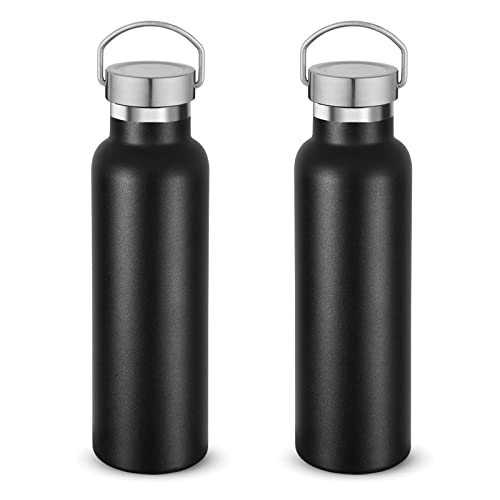 Neihepal 20 oz Insulated Water Bottles Bulk 2 Pack,Stainless Steel Double Wall Sport Bottle with Lid of Handle,Metal Reusable Thermoses Flask with Cup Cap for School,Hikers,Gift (Black,Set of 2) - color: Black