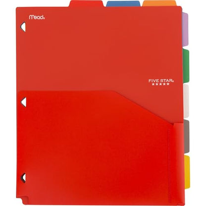 Five Star 8-Tab Binder Pocket Dividers, Plastic Tabbed Divider with Pocket, 9-3/4" x 11", 3-Hole Punched, 8 Count, Assorted Colors (201590)