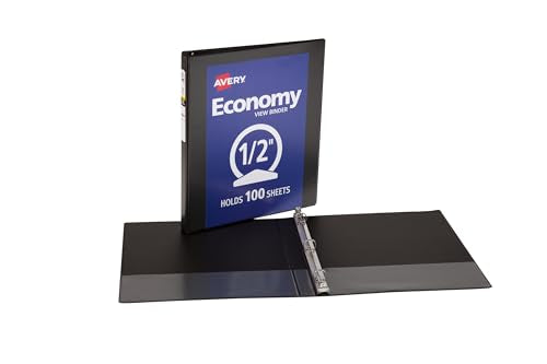 Avery Standard View 3 Ring Binder, 0.5" Round Rings, 100-Sheet Capacity, 0.7 Inch Wide Spine, 1 Black Binder, Ideal for Lightweight Organization and Occasional Referencing (05705) - size: 0.5"
