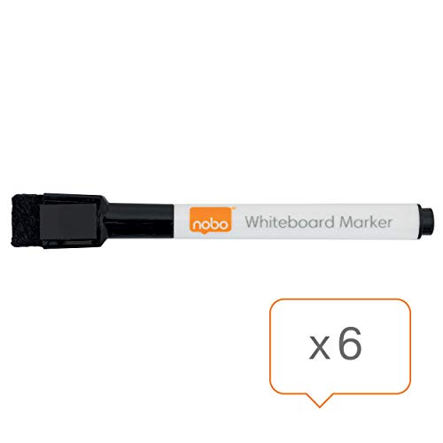 Nobo Mini Whiteboard Pens With Magnetic Eraser Cap, 2mm Fine Tip, Pack Of 6, Dry Wipe/Erase, Low Odour, Black, 2104184