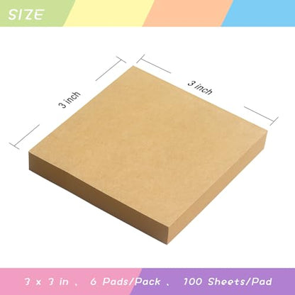 Sticky Notes 3x3 Self-Stick Notes Pads with 6 Bright Colors, Easy to Post for Office, School, Home, 6 Pads/Pack, 100 Sheets/Pad(Kraft Paper) - color: Kraft Paper
