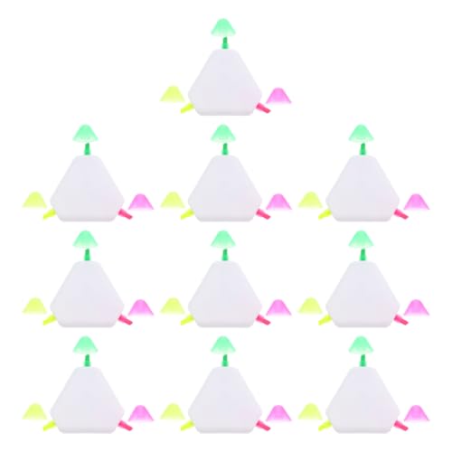 Mikikit 10pcs Triangle Highlighter Pens with Comfortable Grip and Ergonomic Design, Plastic Material, Tricolor Fluorescent Markers for Classroom and Office Use