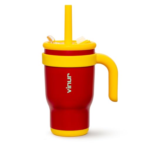 VINUR Kids 14 oz Tumbler with Handle and Straw Lid | Leak Resistant | Reusable Stainless Steel Insulated Tumbler Travel Water Mug with Rubber Base-Cup Holder Friendly, Canyon Red - color: Canyon Red, size: 14 Ounces