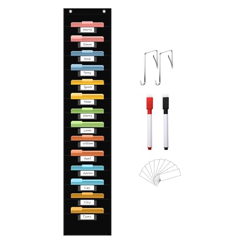 ANCOMEDO 14 Pocket Hanging File Organizer with 14 Nametag Pockets. Black File Storage Pocket Chart for Classroom or Office Use. Perfectly Organizes Assignments, Files, Scrapbooks, and Documents. - size: 14 Pockets