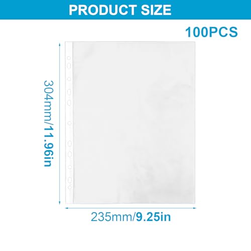 A4 Punched Pocket, 100 Pack Premium Clear Sheet Protectors 11.97 x 9.25in, 11-Hole Plastic Page Protectors Sheet Top Loaded, Paper Sheets Document Sleeve for 2/3/4 Ring Binder (Color:Transparent)
