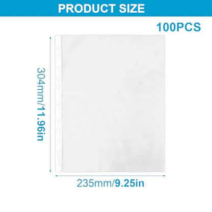A4 Punched Pocket, 100 Pack Premium Clear Sheet Protectors 11.97 x 9.25in, 11-Hole Plastic Page Protectors Sheet Top Loaded, Paper Sheets Document Sleeve for 2/3/4 Ring Binder (Color:Transparent)