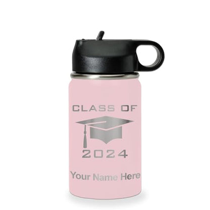 LaserGram Personalized Water Bottle, Grad Cap Class of 2023, 2024, 2025, 2026, 2027, Stainless Steel Double Wall Vacuum Insulated with Flip Top Straw, Custom Engraved Gift (12oz / 335ml Pink) - color: Pink, size: 12 Ounces