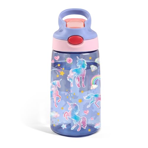 Unicorn Gifts for Girls 14oz Water Bottle with Straw - Leakproof BPA-Free Plastic Pop-Up Spout, Reusable Leak Proof Travel Bottle for Outdoor Sports - color: Unicorn1