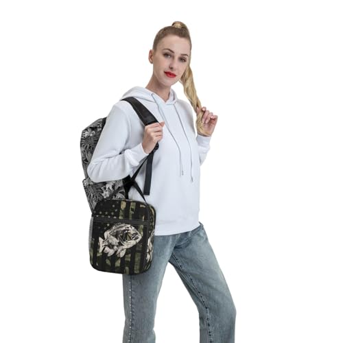 Fishing Camouflage American Flag Bass Lunch Box, Portable Insulated Lunch Bag with Detachable Handle,Reusable Lunchbox for Boys Girls Men Women Adults - color: Fishing Camouflage