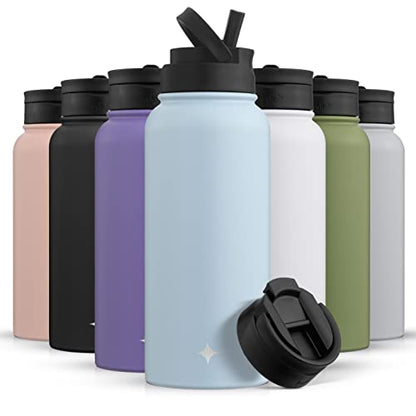 JoyJolt Triple Insulated Water Bottle with Straw Lid AND Flip Lid! 32oz Large Water Bottle, 12 Hour Hot/Cold Vacuum Insulated Stainless Steel Bottle. BPA-Free Leakproof Water Bottles - Thermos Bottle - color: Cloud Blue, size: 32 Ounces