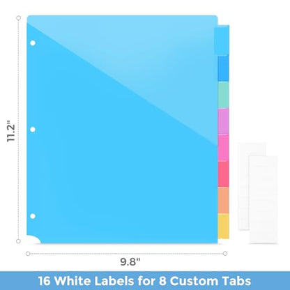 SKYDUE Binder Dividers with Tabs and Pockets,8 Tab Dividers for 3 Ring Binder, Plastic Binder Dividers with 2 Pockets & 16 Blank Labels, Blue - color: Style A(blue)