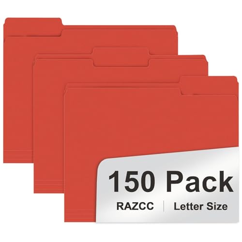 File Folder, RAZCC 150 Pack 1/3 Cut Tab File Folders Letter Size, Red, Folders, Folders with Tab, Great for Organizing and Easy File Storage - color: Red