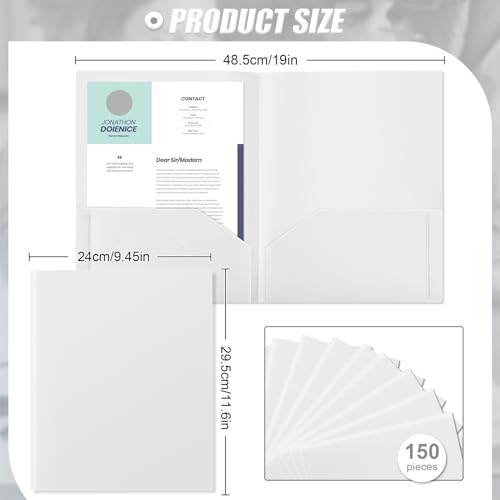 Gueevin 150 Pcs Plastic Folders with Pockets, Two Pocket Folder Fit 8.5 x 11 Inch Letter Size Paper, Heavy Duty School Folders Business Card Holder for Home Office School Bussiness (White) - color: White