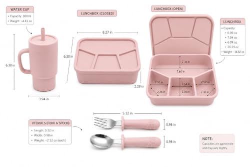 4-Piece Silicone Bento Lunch Box Set for Kids – Stainless Steel Water Cup, Spoon & Fork Included, BPA Free, Dishwasher Safe, Reusable Lunch Container - color: Dusty Pink