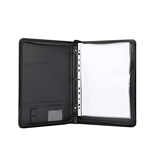 Zippered Portfolio 3 Ring Binder with 8 Pockes, Leather Business Padfolio with Zipper, A4 Document Binder Organizer for School Office