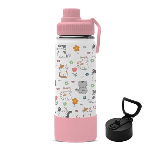 Cat Gifts for Girls Women, 18oz Cats Water Bottle with 2 Lids (Spout and Straw Lid), Kids Insulated Stainless Steel Cat Lovers Tumbler Cup, Birthday Gifts for Women Teen Girl - color: Cat-1