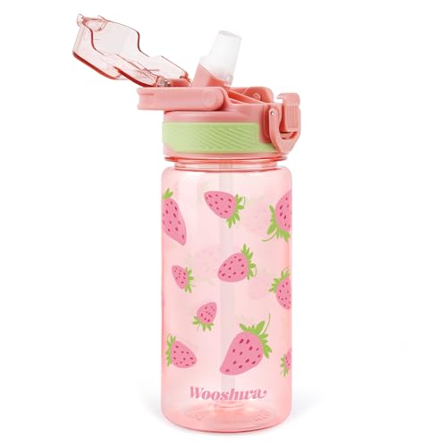 Kids Water Bottle for School, 16 Oz Plastic Straw Water Bottle with Silicone Spout and Leakproof Cover, Dishwasher Safe (Strawberry) - color: Strawberry, size: 16 Ounces