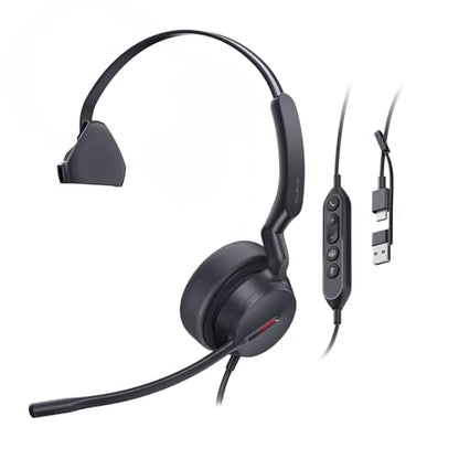 Yealink UH44 USB Wired Headset with Noise Cancelling Mic – Teams Certified Mono Headset for PC/Laptop, Single-Ear Design, Inline Controls, USB-C & USB-A, for Home Office