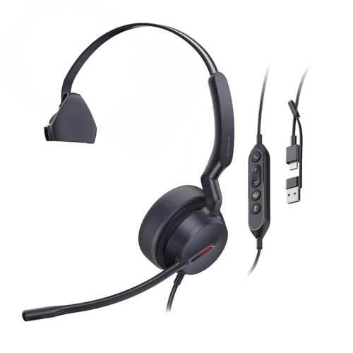 Yealink UH44 USB Wired Headset with Noise Cancelling Mic – Teams Certified Mono Headset for PC/Laptop, Single-Ear Design, Inline Controls, USB-C & USB-A, for Home Office
