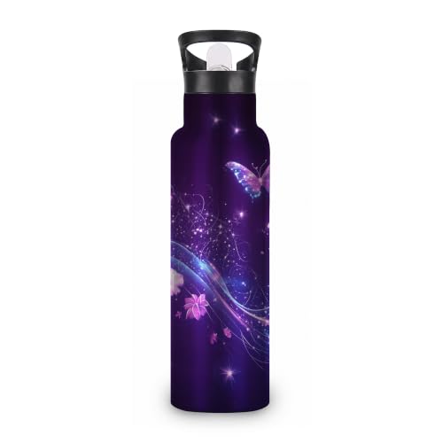 Insulated Water Bottle,Flying Butterflies 20 oz Stainless Steel Water Bottles with Straw Lid,Purple Leak Resistant Double Insulated Flask with Handle,Fits Cup Holder,Keeps Drinks Cold - color: Flying Butterflies,Purple