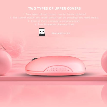 ONE-UP Wireless Mouse, 2.4G, Bluetooth5.0/3.0, Sound and Quiet Click, USB Nano Receiver, for Laptop, Chromebook, PC, Mac, Windows (Pink)