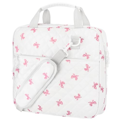 Zipper Binder Folder Keeper with Strap 2 Inch 3 Ring Multi-Pocket Zipper Bag for 13" Laptop 5-tab Expanding File Folder for Women Men Office Middle High School(White,Pink Bow) - color: White, style: Pink Bow