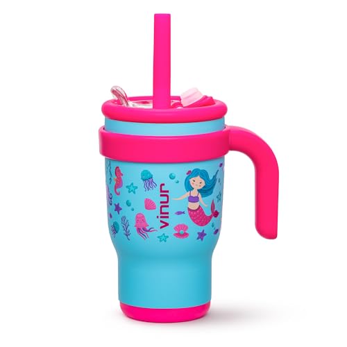 VINUR Kids Tumbler with Handle 14 oz Stainless Steel Double Wall Vacuum Insulated Tumbler with Lid and Straw, Leak Proof Water Cup for Travel(Mermaid) - color: Mermaid, size: 14 Ounces