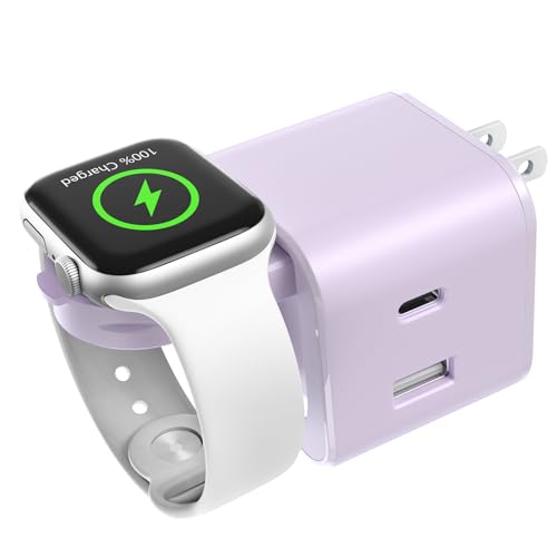 BeaSaf 36W for Apple Charging Block with Built-in Watch Charger, Foldable PD Fast Charger Block for iPhone, Dual Ports Wall Charger Compatible with Apple Watch iPhone AirPods(Purple) - color: Purple