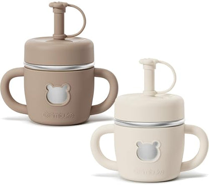 Fimibuke Sippy Cups for Toddlers, 10 OZ Spill Proof Kids Cup, Leak Proof Stainless Steel Tumbler with Handle, Silicone Straw & Sleeve, BPA Free Dishwasher Safe Girl Boy Kids Water Bottle, 2 Packs - color: Latte & Cream