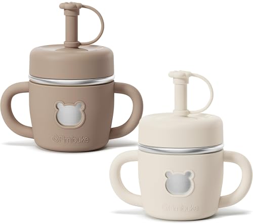 Fimibuke Sippy Cups for Toddlers, 10 OZ Spill Proof Kids Cup, Leak Proof Stainless Steel Tumbler with Handle, Silicone Straw & Sleeve, BPA Free Dishwasher Safe Girl Boy Kids Water Bottle, 2 Packs - color: Latte & Cream