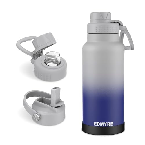 32 oz Stainless Steel Water Bottle with Straw Lid & Twist Lid, Insulated water bottle for men & women with Silicone Boot, Leakproof, Keeps Cold 24H / Hot 12H, Wide Mouth for Gym, Travel, Sports, Gym - color: Aurora Blue White, size: 32 Ounces
