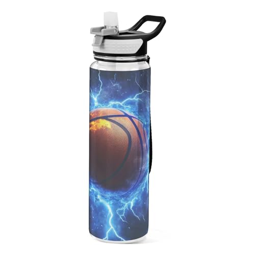 ALAZA Blue Lightning Basketball Water Bottle with Straw,Leakproof Tritan Clear Sports Water Bottle Kids Water Bottle for School Outdoor Sports Drinking,32 oz - color: Blue Lightning Basketball, size: Large