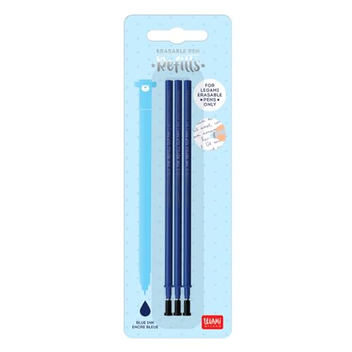 Legami - Refill for Erasable Gel Pen, Set of 3, Height 13 cm, Blue Thermosensitive Ink, 0.7 mm Tip