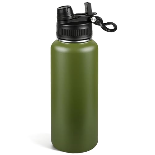 40oz Insulated Stainless Steel Water Bottle 2-in-1 Leak-Proof Sip & Straw Lid with Handle, Double Wall Vacuum Insulated Travel Mug for Sports, Commute, Office, Army Green, 1 Pack - color: Army Green, size: 40 Ounces