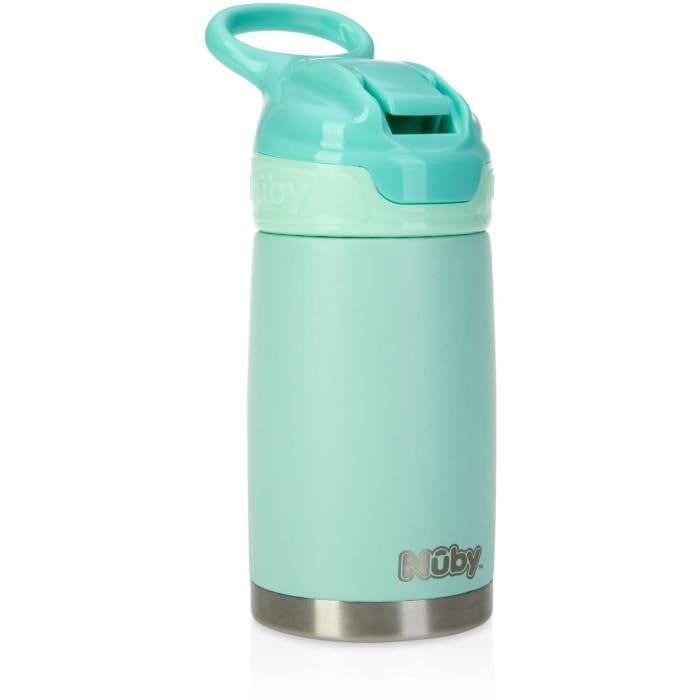 Nuby Thirsty Kids No Spill Flip-It Reflex Stainless Steel Travel Cup or Water Bottle - 10 Oz - 18+ Months - Aqua Mint - Back to School Essentials - size: 10.1 Ounces, style: Aqua