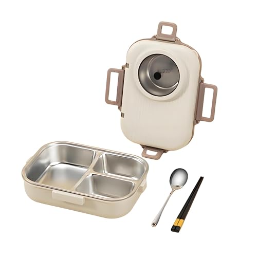 Bento Lunch Box, 304 Stainless Steel Portable Leakproof Lunch Food Containers Set with 3 Compartment for Adults - with Chopsticks Spoon Soup Bowl Gift for Friends, Family (Beige)