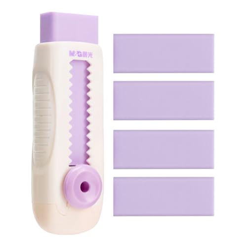 M&G 4+1 Pack Rubber Erasers Sliding Retractable Eraser, Soft Cute Erasers Push Pull Large Pencil Eraser with Plastic Sleeve 4 Refill Eraser for Students Kids, School Office Home Supplies (Purple) - color: Purple