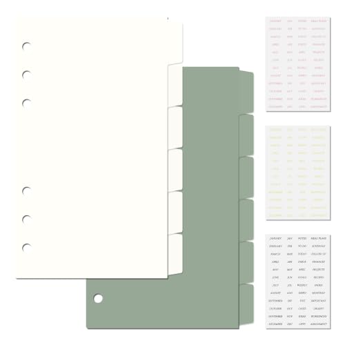 Koqye 12PCS 2 Colors Personal Dividers with 6 Blank Tabs & Planner Stickers | 3.75" x 6.75", Plastic Side Tab Dividers Refillable Page Protectors for 6-Ring Binders, Planner, Agenda - color: Sage Green+ivory