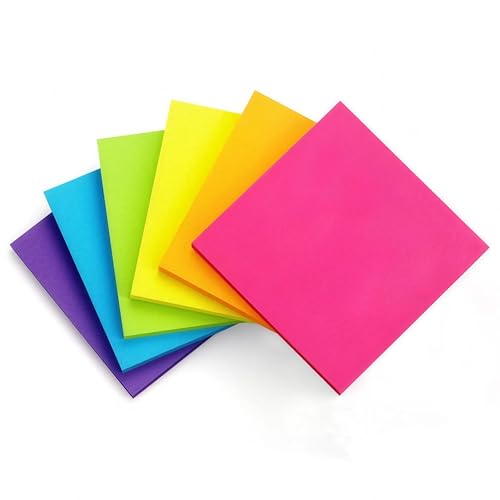 6 Pack Bright Color Sticky Notes 3x3 Inch, 100 Sheets/Pad 600 Total, Adhesive Memo Pads for Office School Home Organization