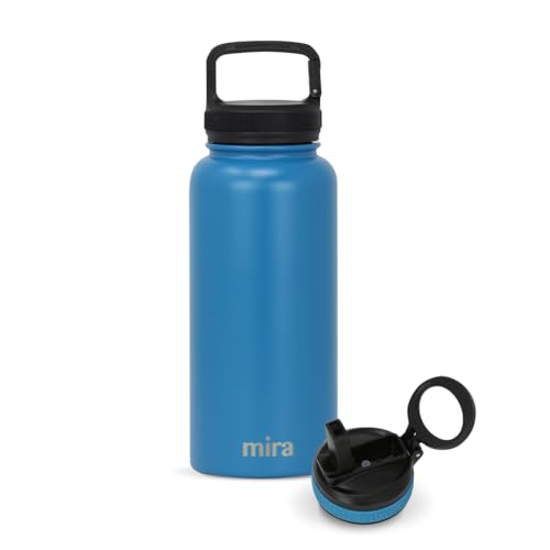MIRA 32 oz Insulated Water Bottle - Stainless Steel Sports Flask with 2 Lids (Straw & Handle) - Cold Drink Thermo - Hawaiian Blue - color: Solid - Hawaiian Blue