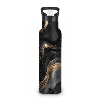 Water Bottles with Straw,Black Gold Marble Stainless Steel Cup Leak Resistant Double Wall Abstract Marble Insulated Water Bottle with Handle for Gym Cycling Hiking Office 20 oz - color: Black Gold Marble,Abstract Marble
