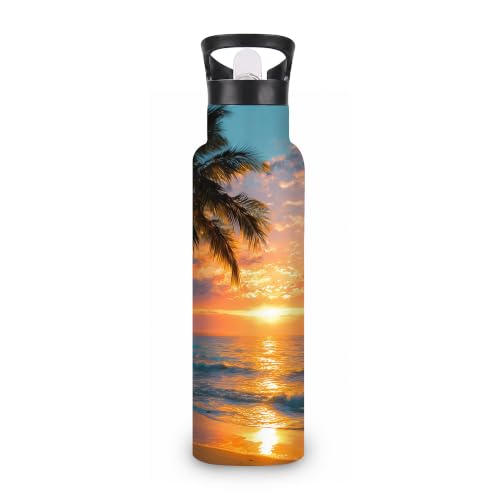 Water Bottles with Straw,Beach Sunset Stainless Steel Cup Leak Resistant Double Wall Palm Trees Insulated Water Bottle with Handle for Gym Cycling Hiking Office 20 oz - color: Beach Sunset,Palm Trees