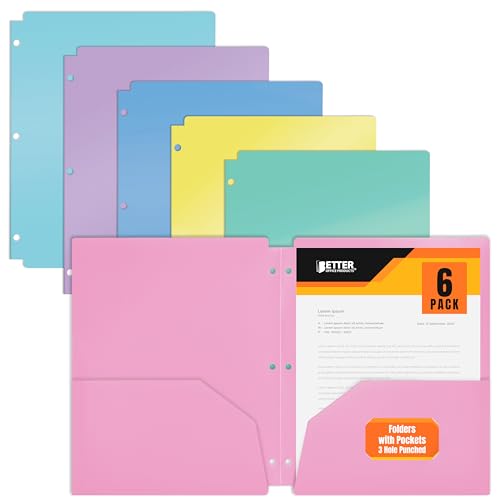 Better Office Products 3 Hole Punch Pocket Folders, Bulk Pack, Sturdy Plastic 2 Pocket Folders, Assorted Pastel Colors, Letter Size, with Business Card Slot,(6 Pack)