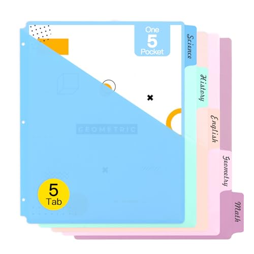 Pocket Divider with 5 Tabs,Plastic One Pocket 2 Set US Letter Size Pastel Color Divider Folder for for 3 Ring Binder (10)