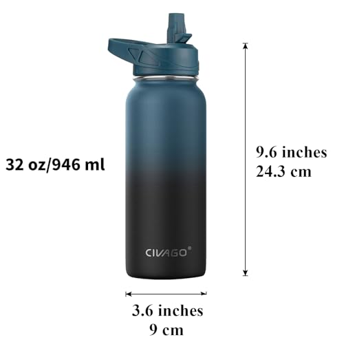CIVAGO 32 oz Insulated Water Bottle With Straw, Stainless Steel Sports Water Cup Flask with 3 Lids (Straw, Spout and Handle Lid), Wide Mouth Travel Thermal Mug, Navy Blue - color: .Navy Blue, size: 32 Ounces