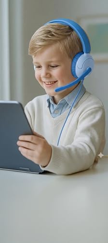 myFirst CareBuds Link W2 Kids Wired Headphones with Microphone, 85dB Volume Limit, 3.5mm On-Ear Headset, Foldable Lightweight Headphones with Rotatable Boom Mic (Mix Blue) - color: Mix Blue